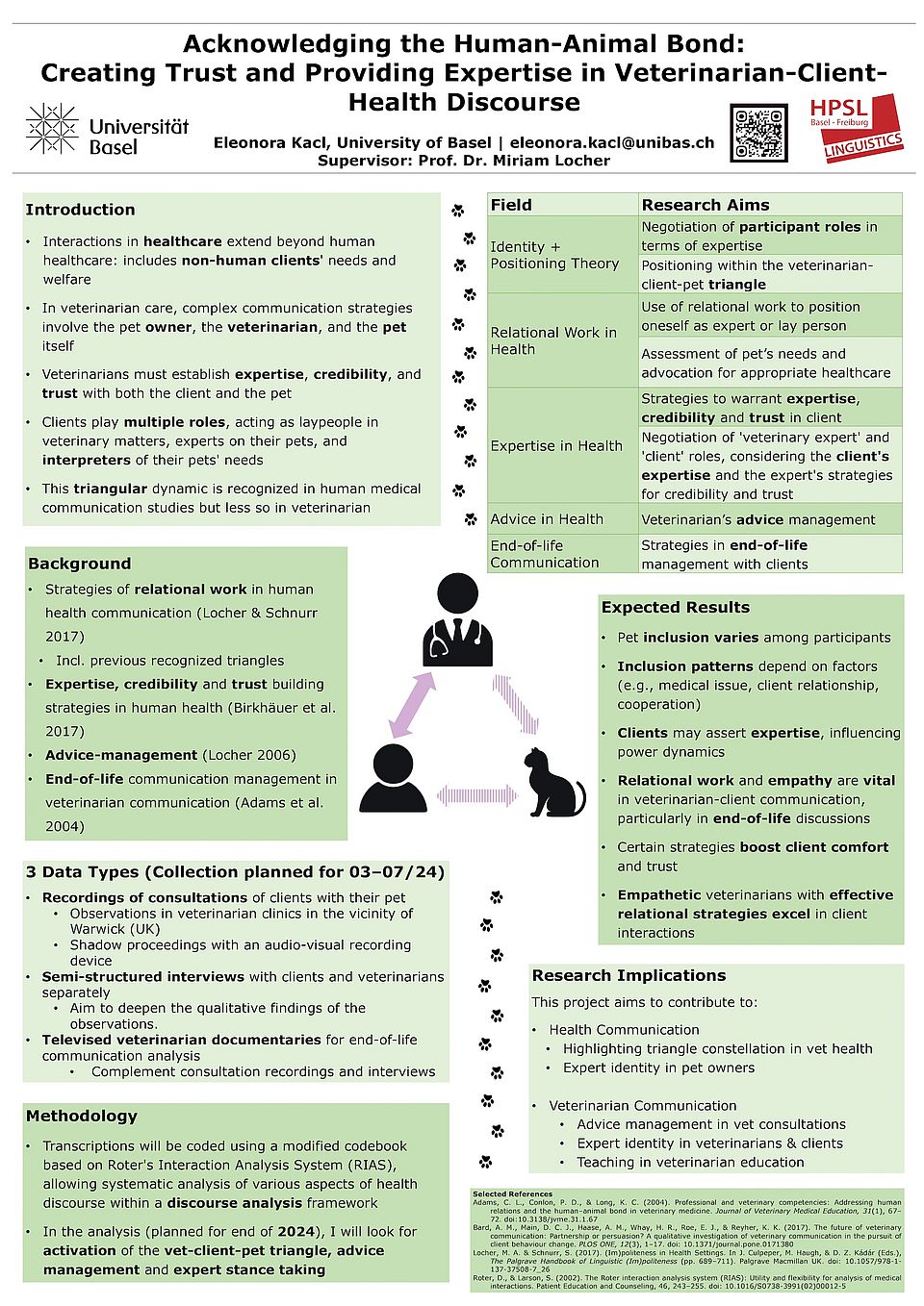 This image shows an overview of the project in the form of a presentation poster. The project is briefly introduced, the data and possible methodolgy are presented as well as the theory that will be used is commented on. All of these sections are presented in boxes that center around a triangle icon made up of a doctor, a client, and a cat.